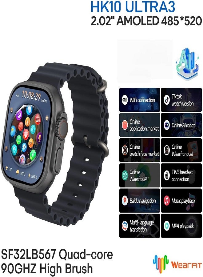 هونج كونج ساعة HK10 ULTRA 3 Series 9 (2024) الذكية Wearfit Pro، شاشة سوبر أموليد، فتح القفل، دردشة بتقنية الذكاء الاصطناعي، نظام تحديد المواقع العالمي (GPS)، تقنية الاتصال قريب المدى (NFC)، بلوتوث الإصدار الخامس، مكالمات، شاحن لاسلكي، لون أسود - Image 5